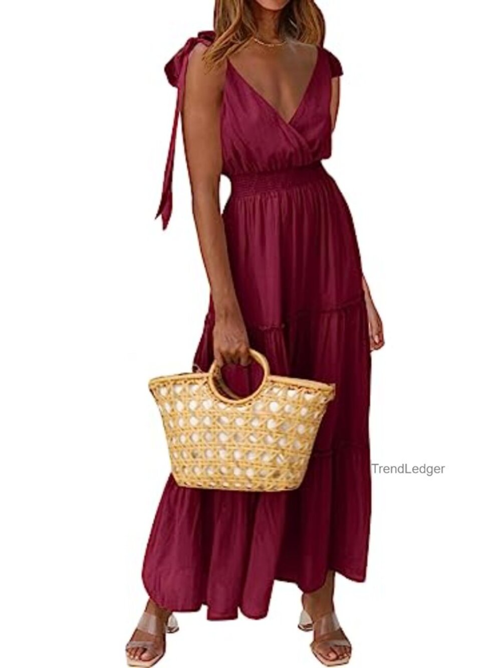 Women's Cross Neck Sleeveless Tiered Maxi Dress Smocked Tie Strap Sundress